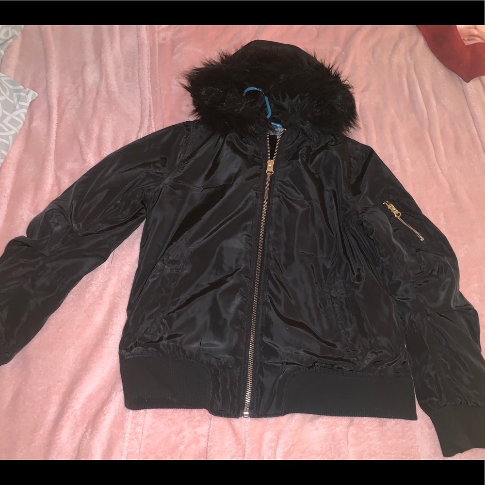 bomber jacket with fauxe fur lined hood